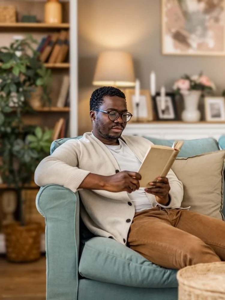 A photo of a Black man reading a book while sitting on the couch in the living room.