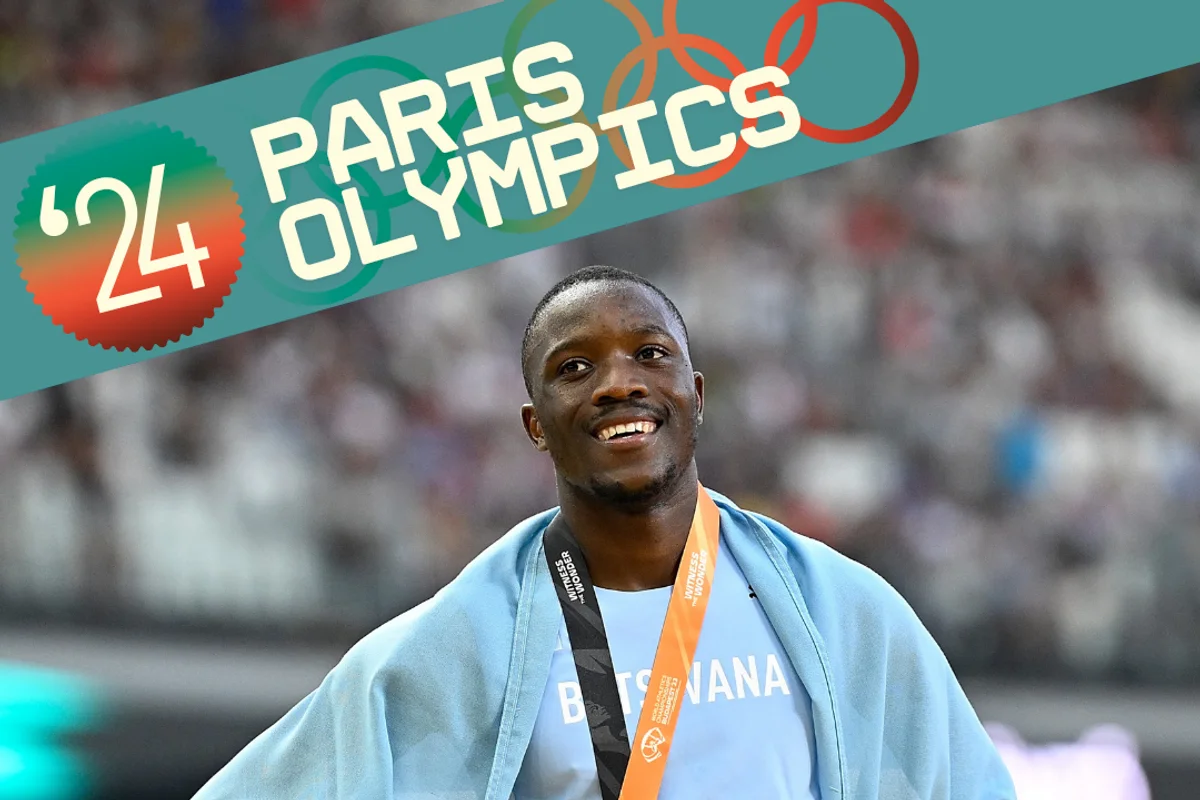 A photo of Letsile Tebogo celebrating after his 100m World Athletics Championships silver win in 2023.