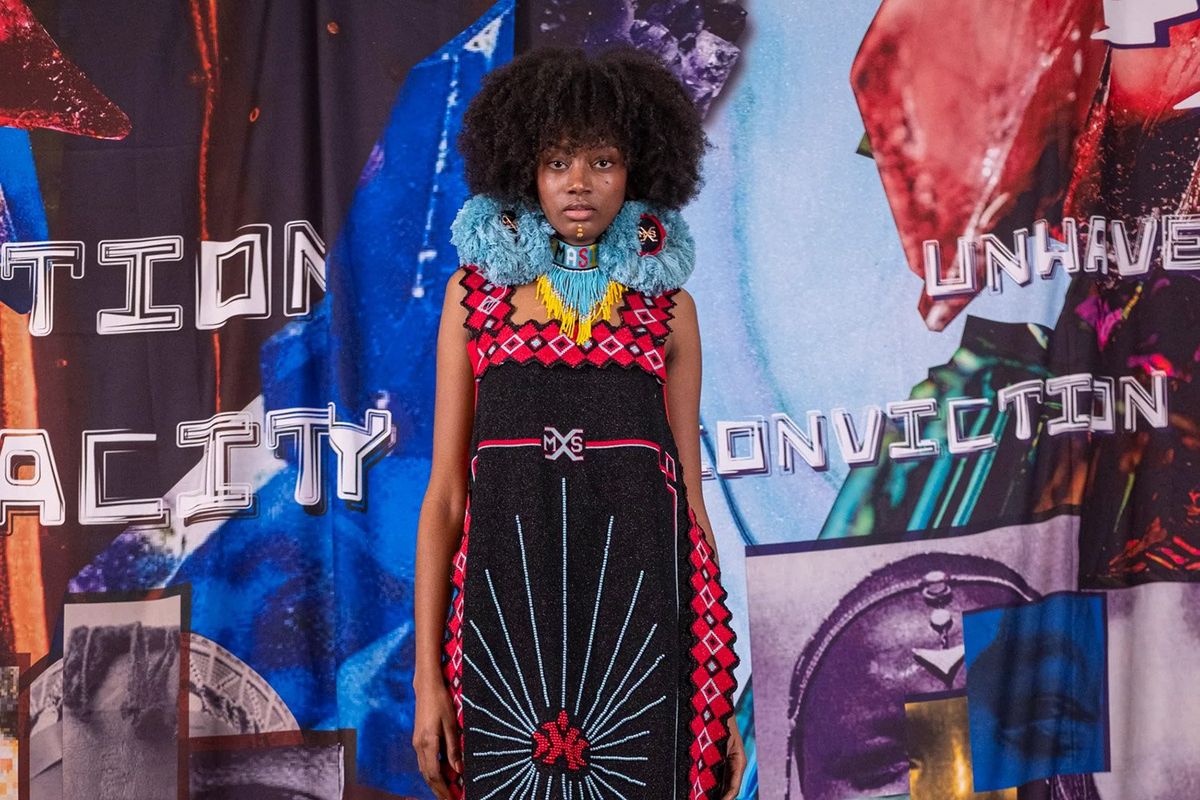 A Model debuting a piece from the new MaXhosa Africa collection, “My Conviction,” at the 2024 Paris Fashion Week.