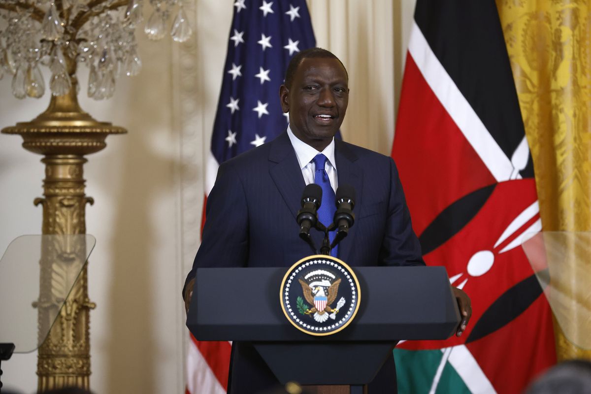 A photo of Kenyan President William Ruto at a joint press conference during his recent state visit to the U.S.