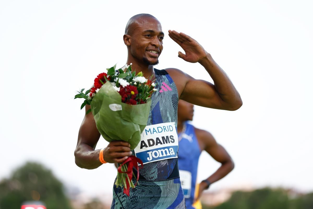 A photo of Luxolo Adams of Republic of South Africa celebrating after he won first place in the 200m race at the Madrid Athletics Meeting celebrated at Vallehermoso stadium on July 22, 2023, in Madrid, Spain.