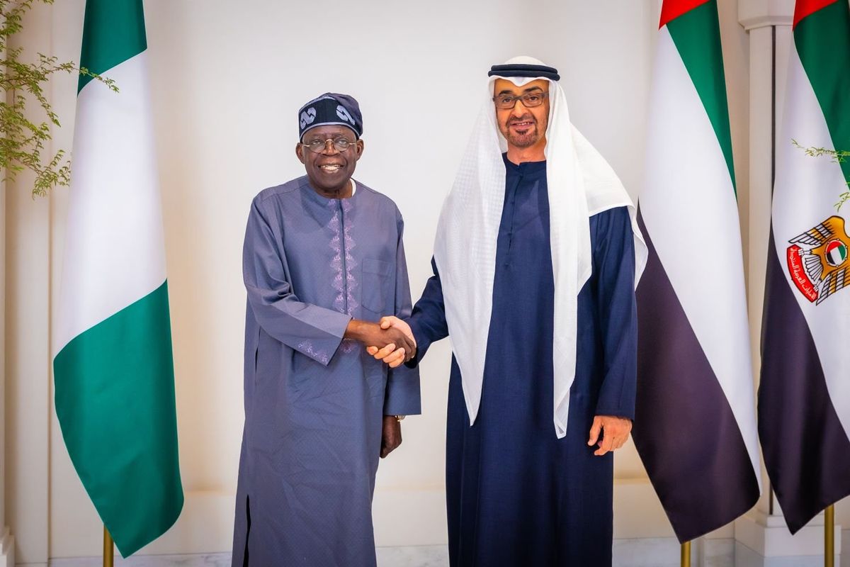 A photo of Nigerian President Bola Ahmed Tinubu (L) meeting UAE President Sheikh Mohammed bin Zayed al-Nahyan (R) during his official visit in Abu Dhabi, United Arab Emirates on September 11, 2023.