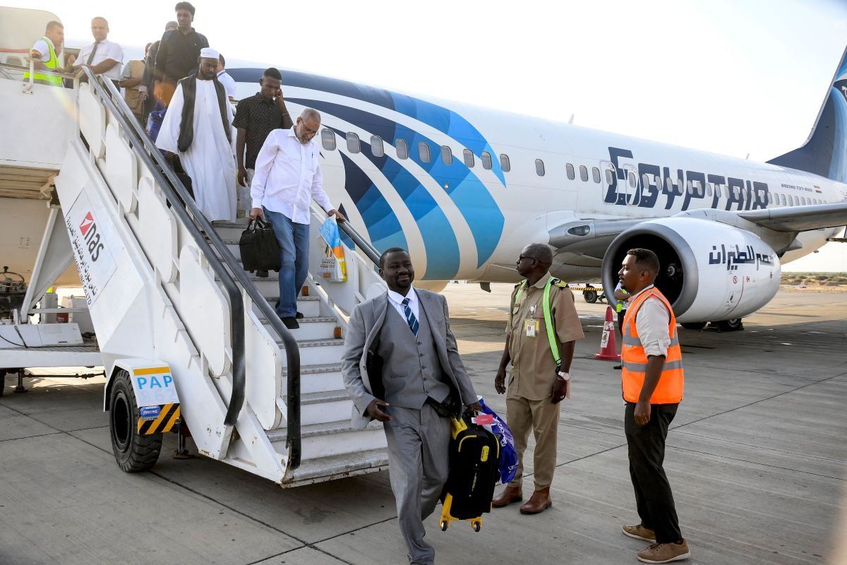 A photo of passengers disembarking from an EgyptAir flight in Port Sudan International Airport on September 5, 2023.