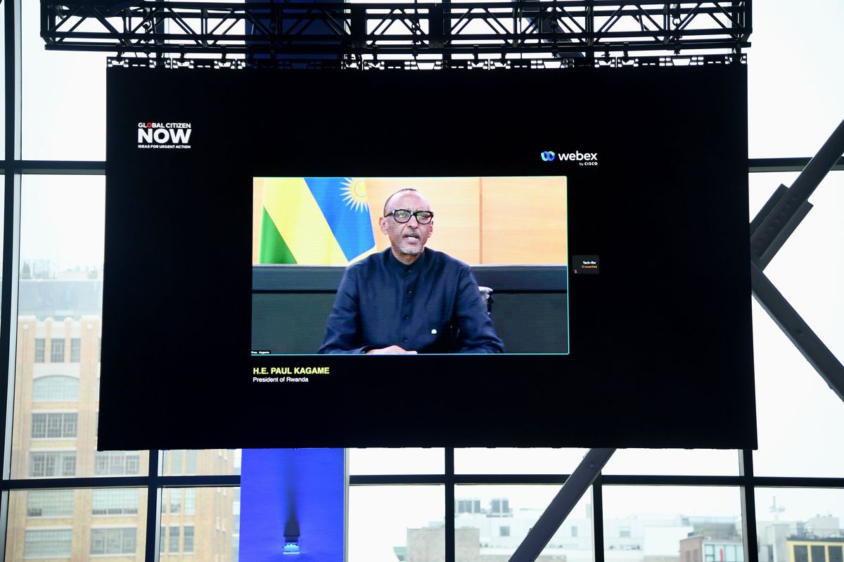 A photo of Rwandan President Paul Kagame speaking on screen during Global Citizen NOW 2024 at Spring Studios on May 02, 2024 in New York City.