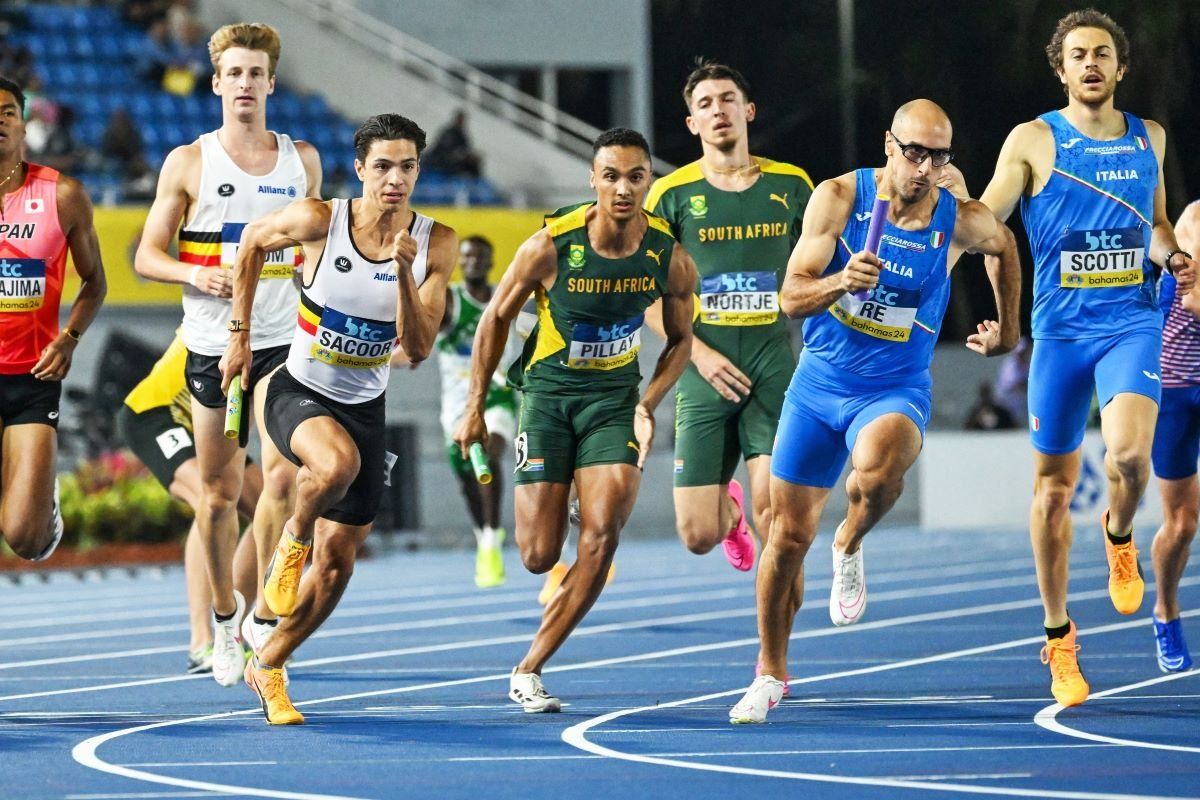 A photo of South African athlete Lythe Pillay (middle) competing in the men's 4x400m final at the IAAF World Athletics Relays, Sunday, May 5, 2024.