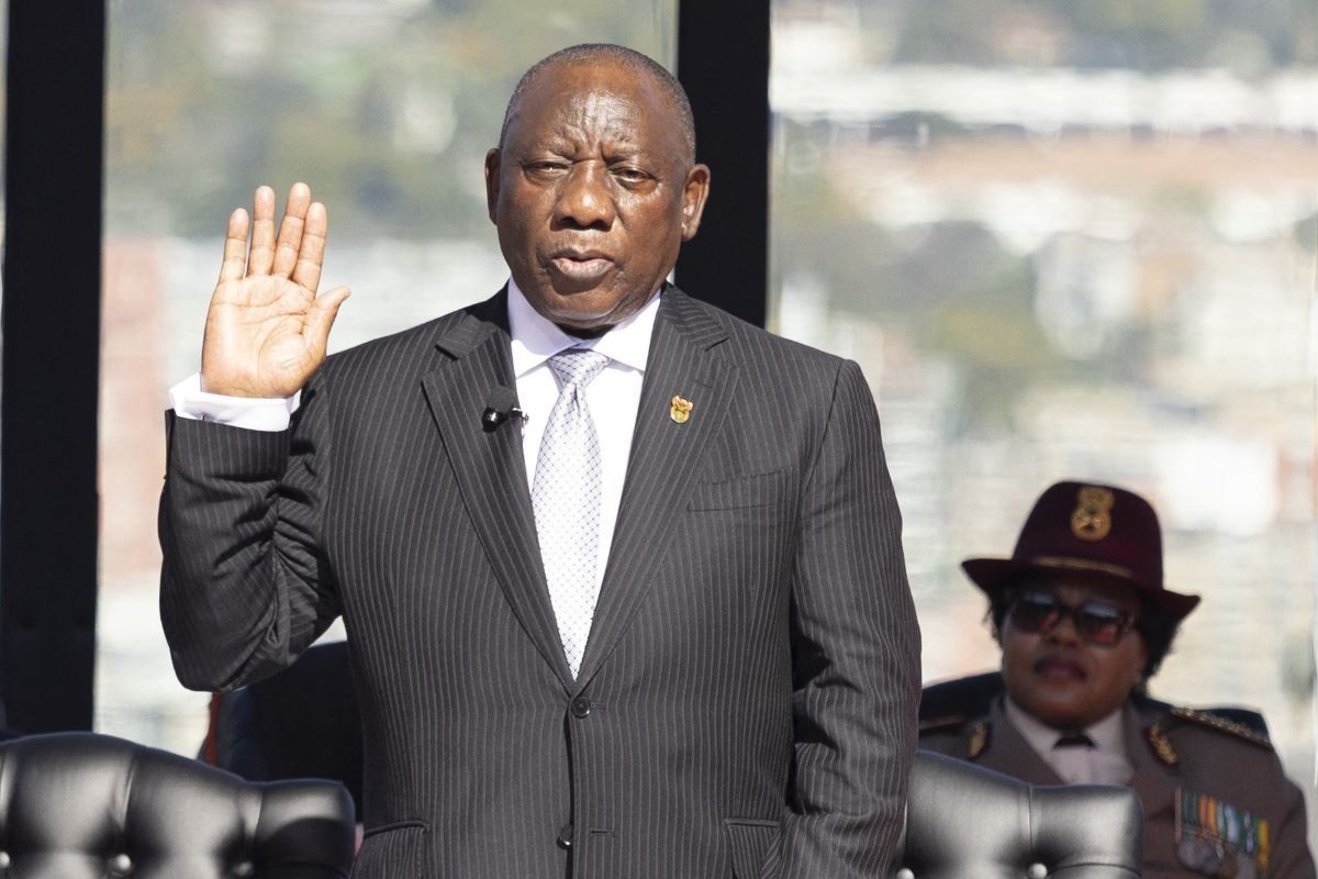 A photo of South Africa’s President Cyril Ramaphosa taking the oath of office for his second term at the Union Buildings in Pretoria on June 19, 2024.