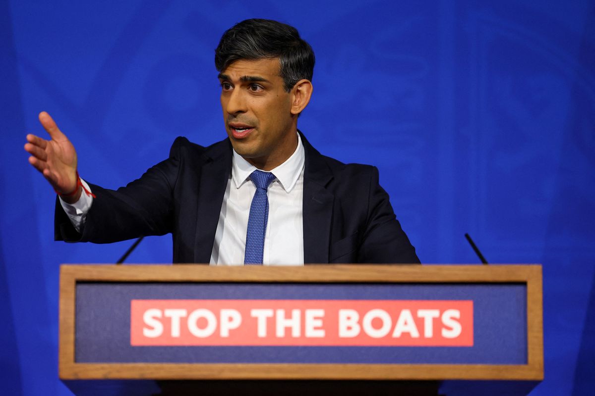 British Prime Minister Rishi Sunak gestures as he speaks during a press conference at Downing Street on April 22, 2024 in London, England.