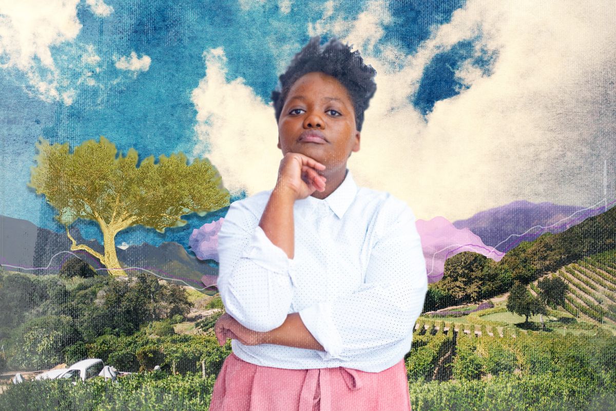 Collage of poet Koleka Putuma and a South African landscape