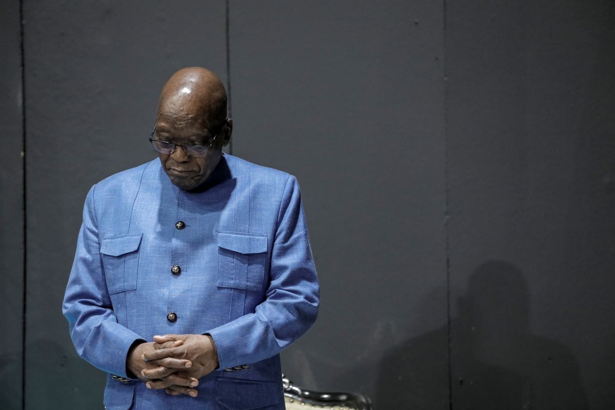 Former South African President Jacob Zuma bows his head while praying during the Shekainah Healing Ministries Prophetic Pillowcase service in Philippi, near Cape Town, on March 10, 2024 ahead of the South African Presidential elections scheduled for May 29, 2024.