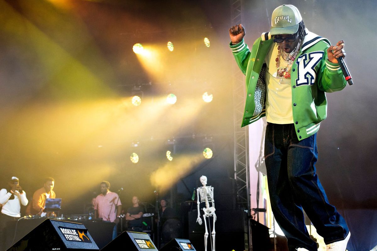 Nigerian singer, songwriter and rapper Rema performs on the Arena Stage during Roskilde Festival 2023 music festival on June 28, 2023. Roskilde Festival is one of the largest music festivals in Europe.