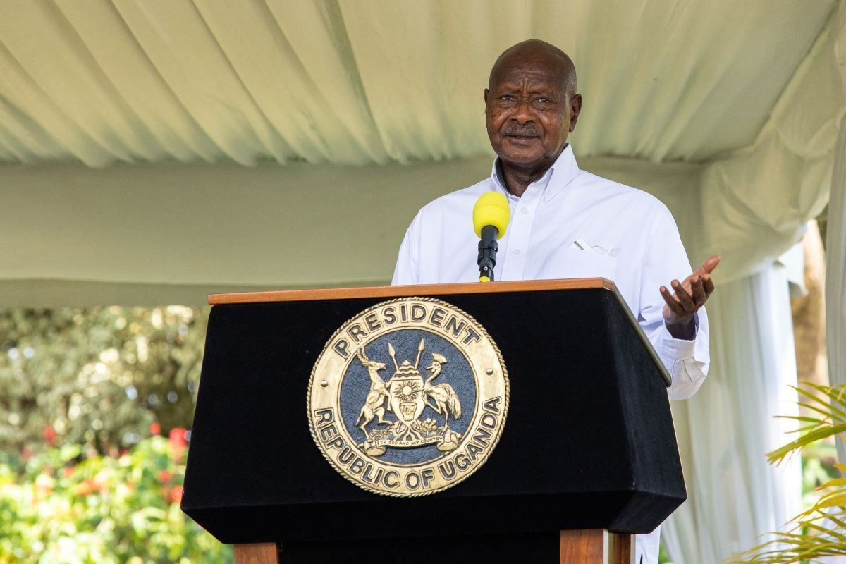 Uganda's President Yoweri Museveni speaks during a joint press conference with Russia's Foreign Minister Sergei Lavrov at the State House in Entebbe, Uganda, on July 26, 2022.