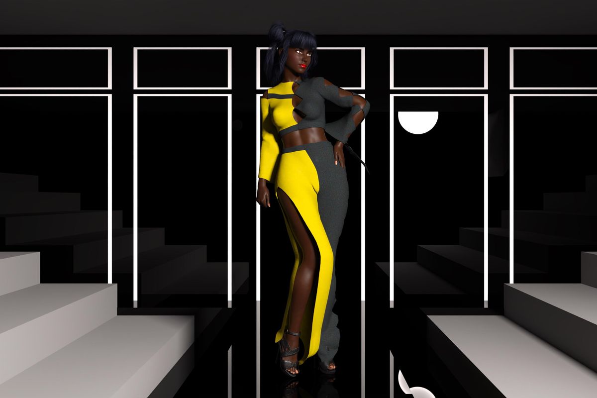 Woman in yellow gray dress metaverse