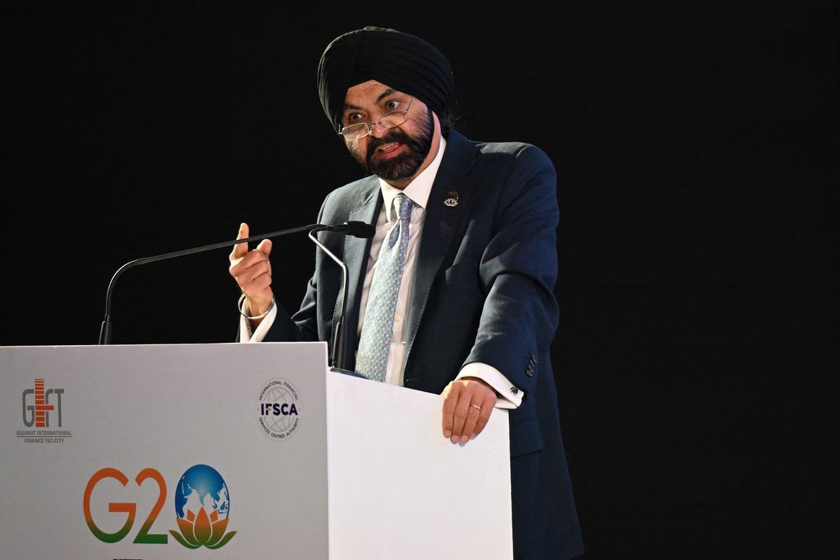 World Bank chief Ajay Banga speaks during the G20 Finance Ministers, Central Bank Governors (FMCBG) and Finance & Central Bank Deputies (FCBD) meetings, at the Mahatma Mandir in Gandhinagar on July 16, 2023.