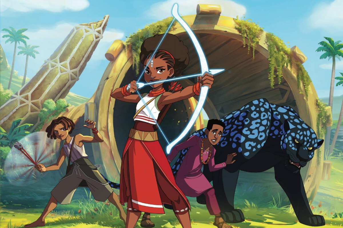 A cutout from ‘Iyanu’ poster showing the lead character wielding a bow and arrow, with two other characters beside her.