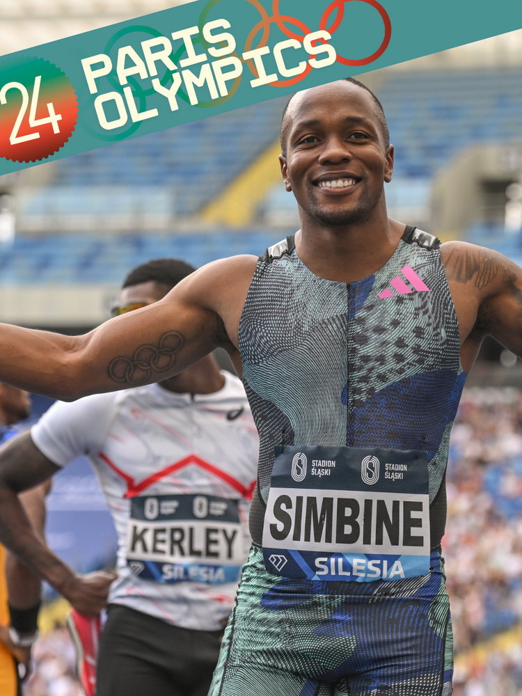 A photo of Akani Simbine after winning the Men's 100m at SILESIA Kamila Skolimowska Memorial 2023, part of the 2023 Diamond League series, on July 16, 2023, at Slaski Stadium in Chorzow. 