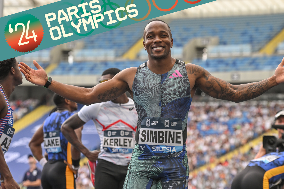 A photo of Akani Simbine after winning the Men's 100m at SILESIA Kamila Skolimowska Memorial 2023, part of the 2023 Diamond League series, on July 16, 2023, at Slaski Stadium in Chorzow.
