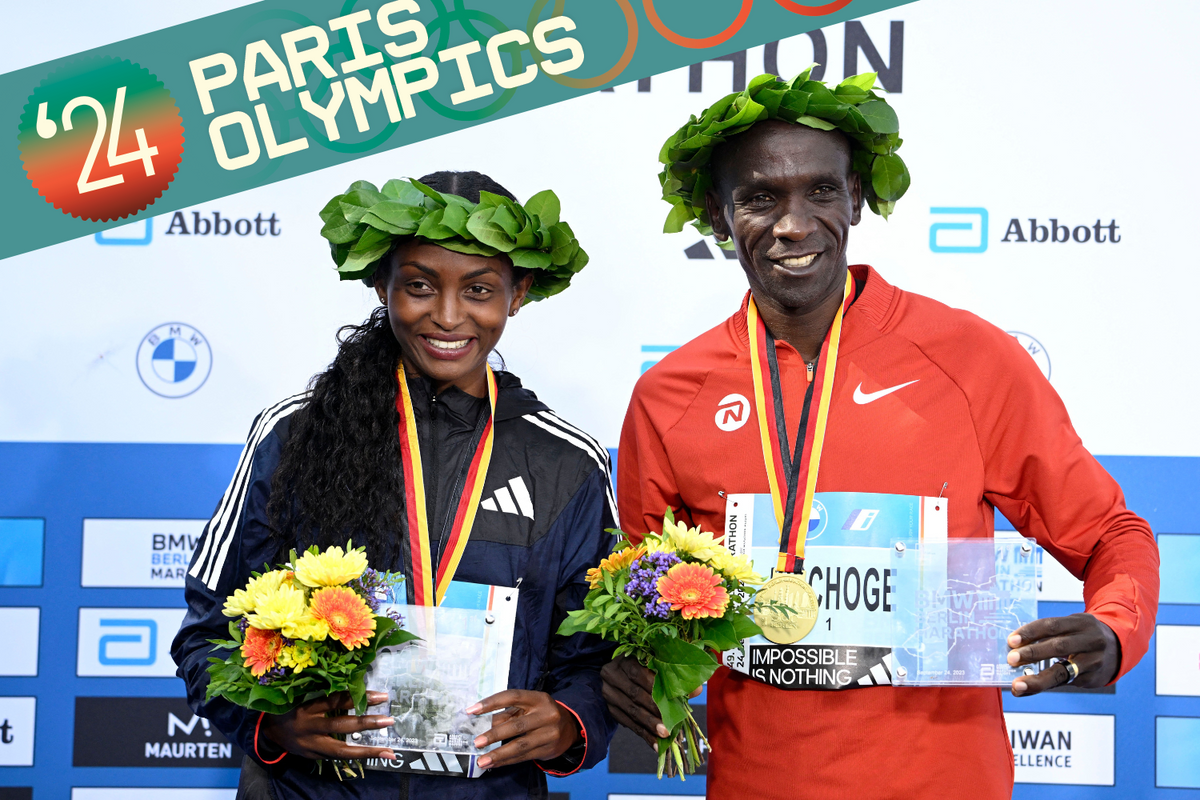 A photo of Ethiopia’s Tigist Assefa and Kenya’s Eluid Kipchoge at the 2023 Berlin Marathon.