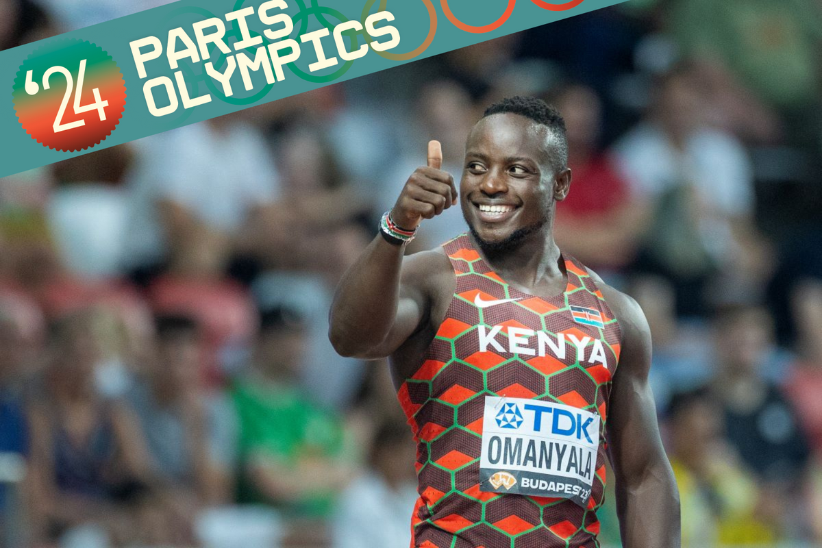A photo of Ferdinand Omanyala making the “thumbs up” sign at the start of the men’s 100m Heat 2 during the World Athletics Championships on August 19, 2023 in Budapest, Hungary.