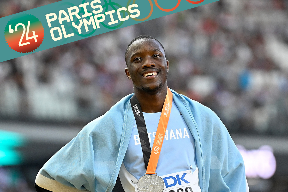 A photo of Letsile Tebogo celebrating after his 100m World Athletics Championships silver win in 2023.