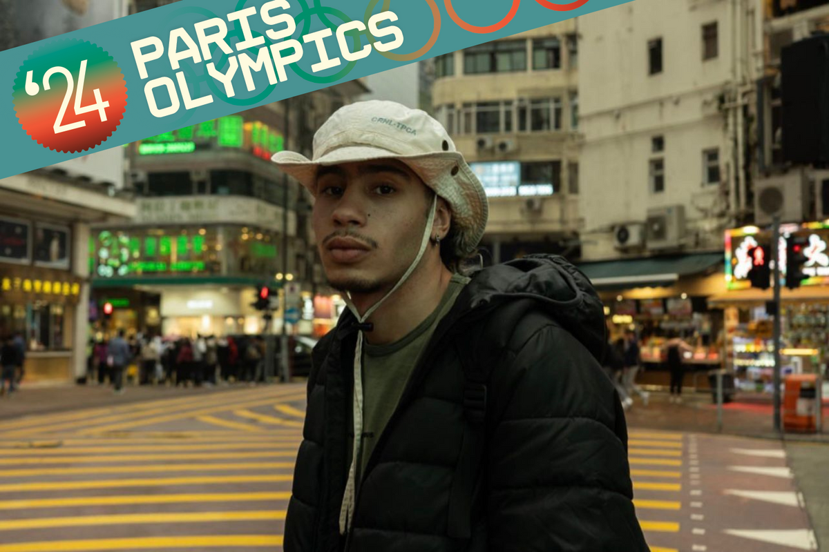 A portrait of Moroccan b-boy Bilal Mallkah at the center of an urban square.