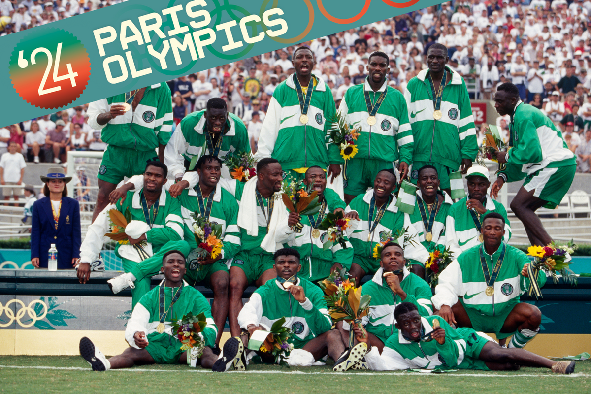 Nigerian players celebrate their 3-2 victory over Argentina in the men's final of the 1996 Olympics.
