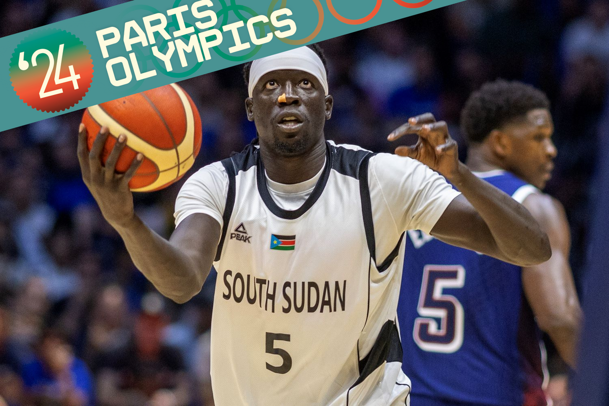 Nuni Omot #5 of South Sudan drives to the basket during the USA V South Sudan, USA basketball showcase in preparation for the Paris Olympic Games at The O2 Arena on July 20, 2024, in London, England.